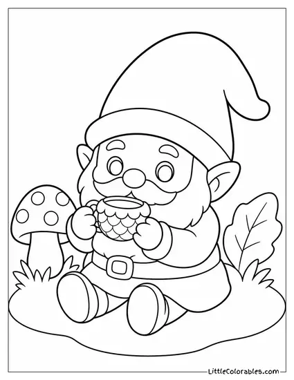Kawaii Gnome Sipping Tea From an Acorn Cap Cup Coloring Page