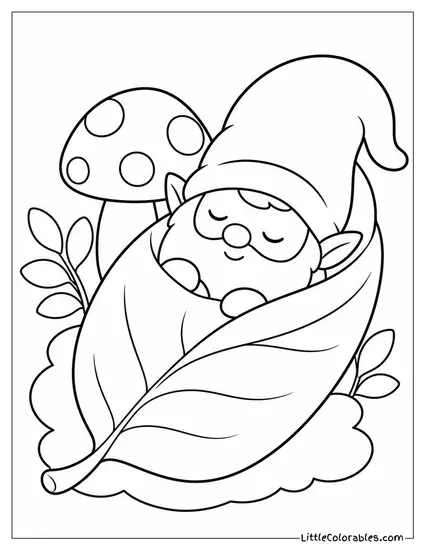 Kawaii Gnome Wrapped in a Leaf Blanket Sleeping Soundly Coloring Page
