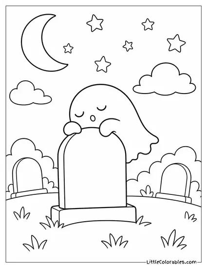 Kawaii Graveyard With a Sleepy Ghost on a Tombstone and Stars Twinkling Above Coloring Page