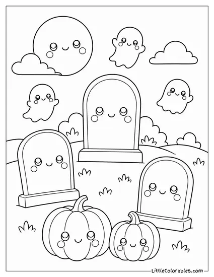 Kawaii Graveyard With Smiling Tombstones Tiny Ghosts and Pumpkins With Rosy Cheeks Coloring Page