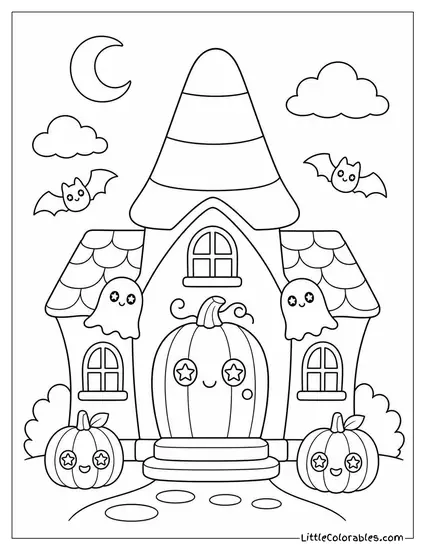 Kawaii Haunted House with a Candy Corn Roof and Pumpkin Door with Sparkly Star Eyes Coloring Page