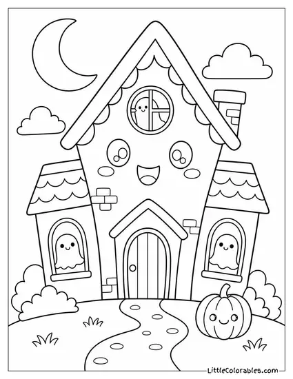 Kawaii Haunted House with a Smiling Face, Rosy Cheeks and Tiny Ghosts in the Windows Coloring Page