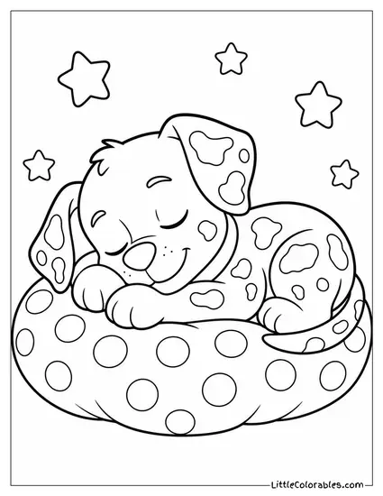 Kawaii Marshall Curled Asleep on a Polka Dot Cushion With Tiny Stars Floating Around Him Coloring Page