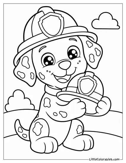 Kawaii Marshall Hugging a Tiny Fire Helmet With Sparkly Eyes and Rosy Cheeks Coloring Page