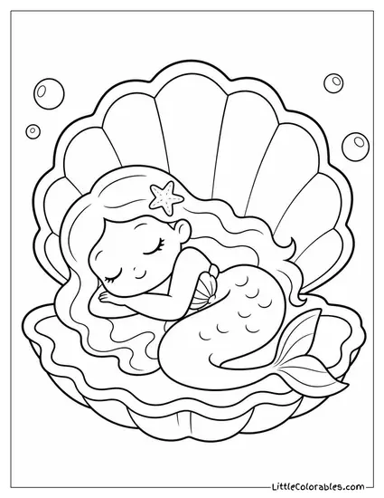 Kawaii Mermaid Curled Asleep on a Giant Clamshell Coloring Page