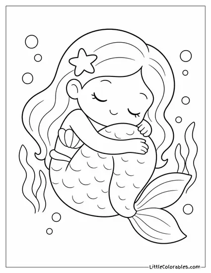 Kawaii Mermaid Curled Into a Ball Like a Sleepy Otter Coloring Page