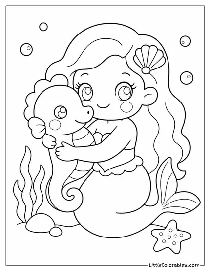 Kawaii Mermaid Hugging a Plush Seahorse With Rosy Cheeks Coloring Page