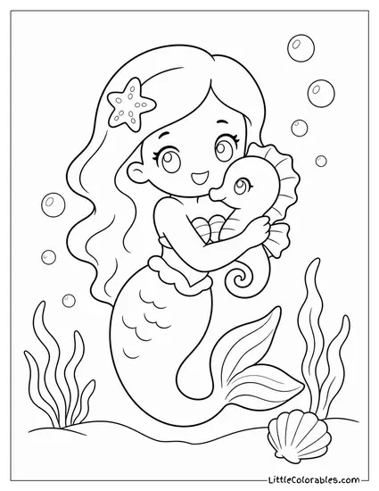 Kawaii Mermaid Hugging a Tiny Baby Seahorse Coloring Page