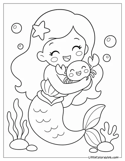 Kawaii Mermaid Hugging a Tiny Crab With a Happy Blush Coloring Page