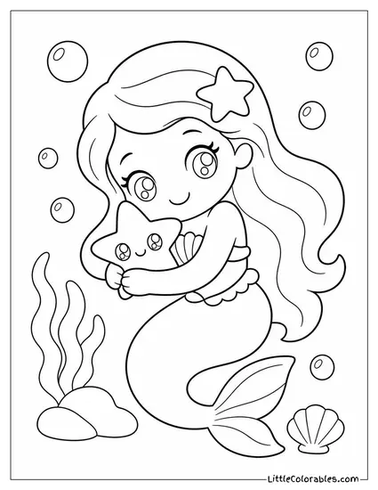 Kawaii Mermaid Hugging a Tiny Starfish With Sparkly Eyes Coloring Page