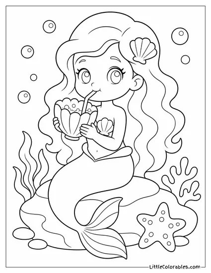 Kawaii Mermaid Sipping a Seashell Cup of Bubbly Soda Coloring Page