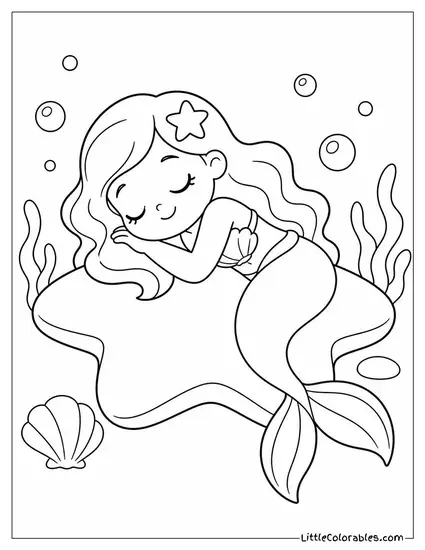 Kawaii Mermaid Sleeping on a Star Shaped Sea Cushion Coloring Page