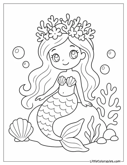 Kawaii Mermaid Wearing a Flower Crown Made of Coral Coloring Page