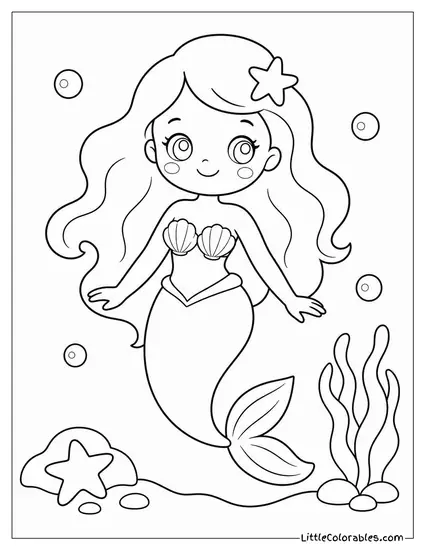 Kawaii Mermaid Wearing a Seashell Bikini Top With a Blush Coloring Page
