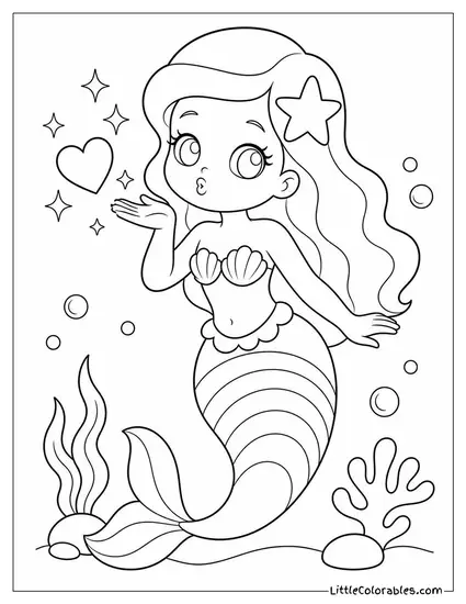 Kawaii Mermaid With a Rainbow Tail Blowing a Sparkly Kiss Coloring Page