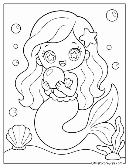Kawaii Mermaid With Sparkly Star Shaped Eyes Holding a Pearl Coloring Page