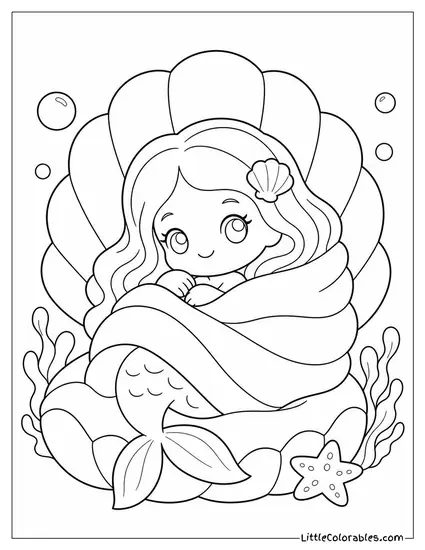 Kawaii Mermaid Wrapped in a Cozy Seashell Blanket Coloring Page