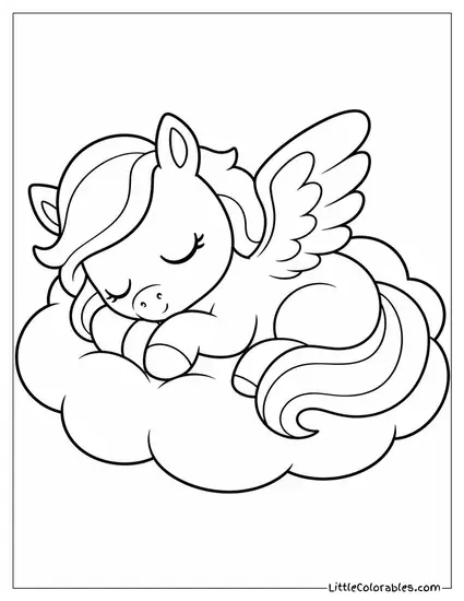Kawaii Pegasus Curled Asleep on a Cloud Shaped Pillow Coloring Page