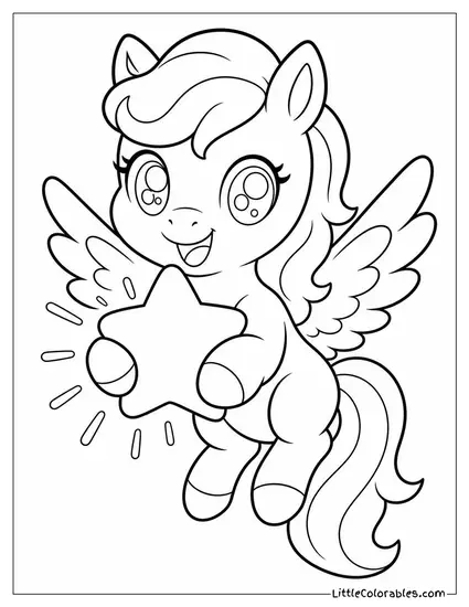 Kawaii Pegasus Holding a Glowing Star With Sparkly Eyes Coloring Page