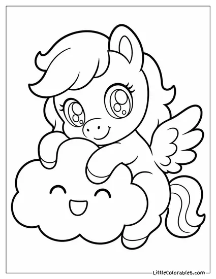 Kawaii Pegasus Hugging a Fluffy Cloud With Sparkly Eyes Coloring Page