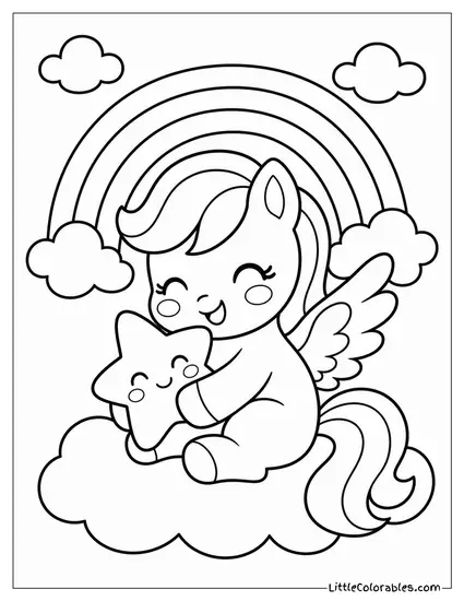 Kawaii Pegasus Hugging a Tiny Star With a Happy Blush Coloring Page