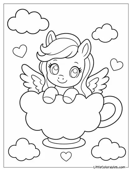 Kawaii Pegasus Peeking Out of a Cloud Shaped Teacup Coloring Page