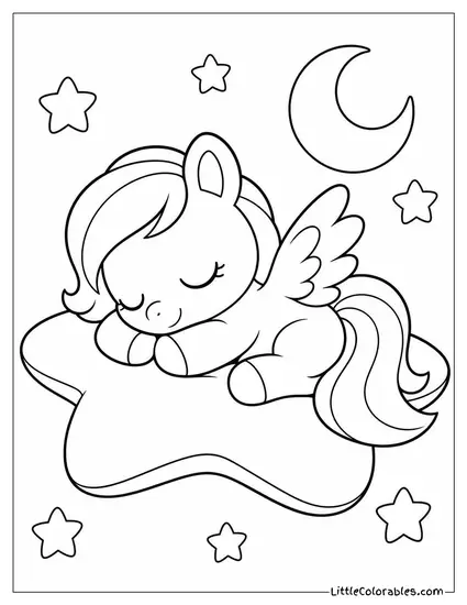 Kawaii Pegasus Sleeping on a Star Shaped Cushion Coloring Page