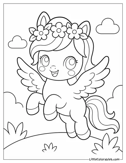 Kawaii Pegasus Wearing a Flower Crown With Rosy Cheeks Coloring Page