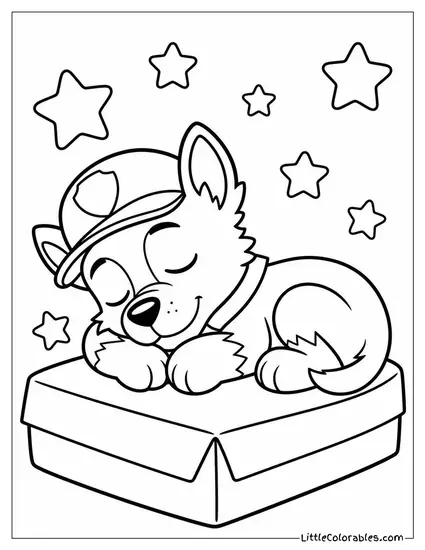 Kawaii Rocky Curled Asleep on a Cardboard Box Pillow With Tiny Stars Floating Around Him Coloring Page