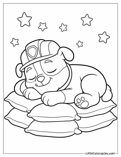 Kawaii Rubble Curled Asleep on a Pillow Made of Sandbags With Tiny Stars Floating Around Him Coloring Page