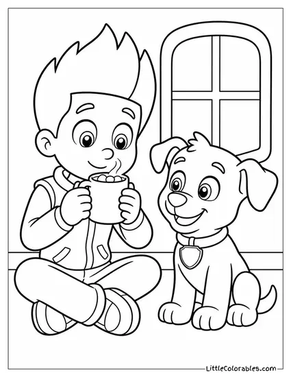 Kawaii Ryder Sipping Hot Cocoa With a Pup Sitting Beside Him Coloring Page