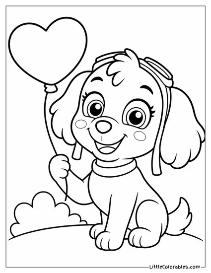 Kawaii Skye Holding a Tiny Heart Balloon With a Happy Blush Coloring Page