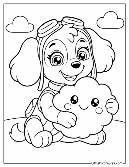 Kawaii Skye Hugging a Fluffy Cloud Pillow With Sparkly Eyes and Rosy Cheeks Coloring Page