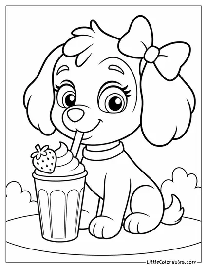 Kawaii Skye Sipping a Strawberry Milkshake With a Big Bow on Her Ear Coloring Page