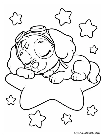 Kawaii Skye Sleeping on a Star Shaped Cushion With Tiny Stars Floating Around Coloring Page