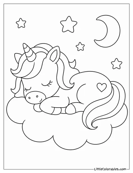 Kawaii Unicorn Curled Asleep on a Fluffy Cloud Coloring Page