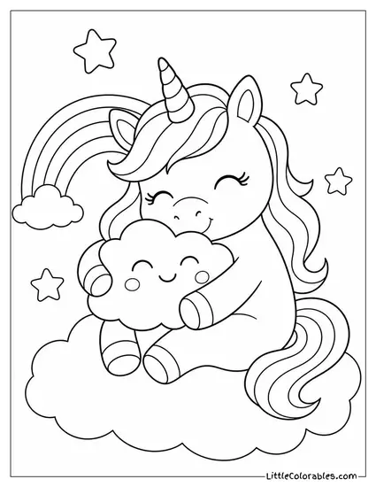 Kawaii Unicorn Hugging a Plush Cloud Pillow Coloring Page