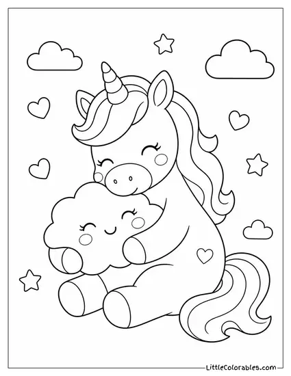 Kawaii Unicorn Hugging a Tiny Cloud With a Happy Blush Coloring Page