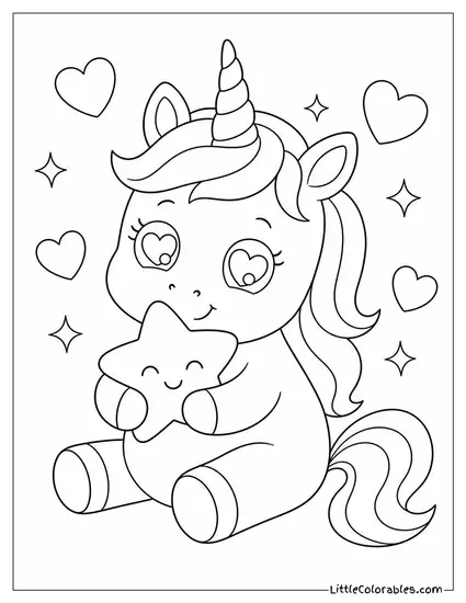 Kawaii Unicorn Hugging a Tiny Star With Sparkly Heart Eyes Coloring Page