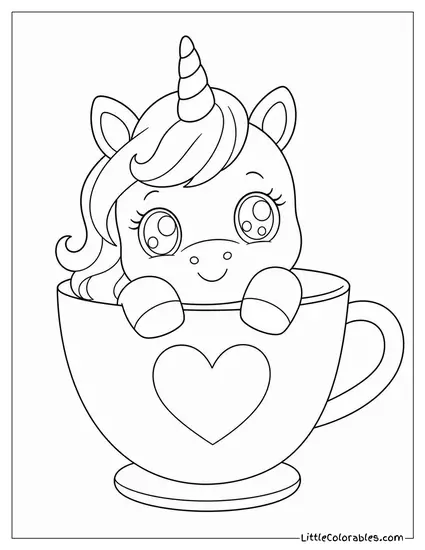 Kawaii Unicorn Peeking Out of a Teacup With Sparkly Eyes Coloring Page