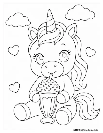 Kawaii Unicorn Sipping a Milkshake Topped With Sprinkles Coloring Page