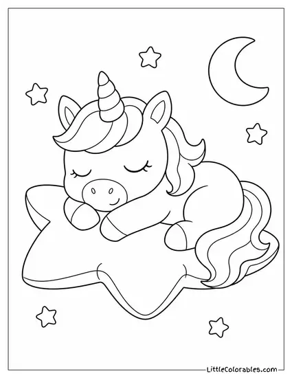 Kawaii Unicorn Sleeping on a Star Shaped Cushion Coloring Page