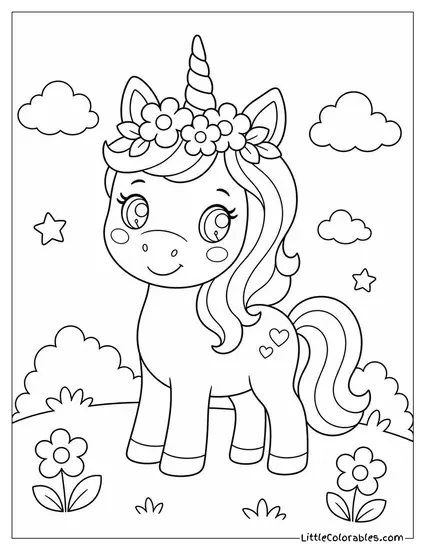 Kawaii Unicorn Wearing a Flower Crown With Rosy Cheeks Coloring Page