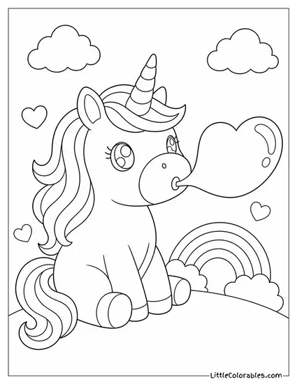 Kawaii Unicorn With a Rainbow Mane Blowing a Heart Shaped Bubble Coloring Page