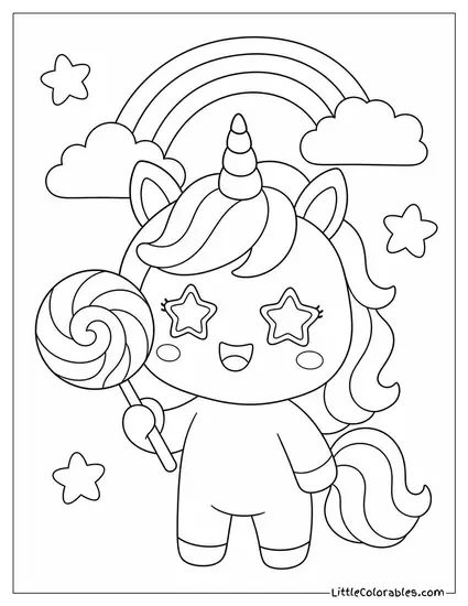 Kawaii Unicorn With Star Shaped Eyes Holding a Rainbow Lollipop Coloring Page