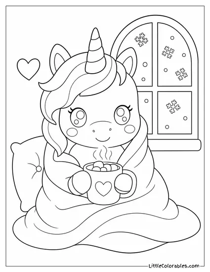 Kawaii Unicorn Wrapped in a Blanket Sipping Hot Cocoa Coloring Page