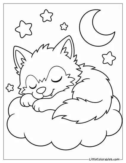 Kawaii Werewolf Curled Asleep on a Fluffy Cloud Pillow Coloring Page