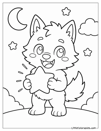 Kawaii Werewolf Holding a Glowing Star With a Happy Blush Coloring Page