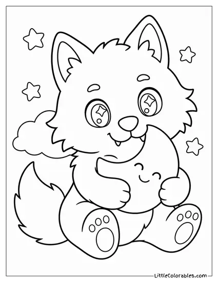 Kawaii Werewolf Hugging a Tiny Moon Shaped Pillow With Sparkly Eyes Coloring Page