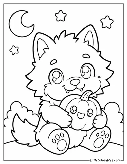 Kawaii Werewolf Hugging a Tiny Pumpkin With Sparkly Eyes Coloring Page